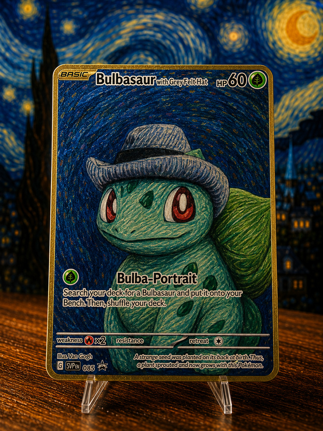 Bulbasaur with Grey Felt Hat Custom Premium Metal Collector Card