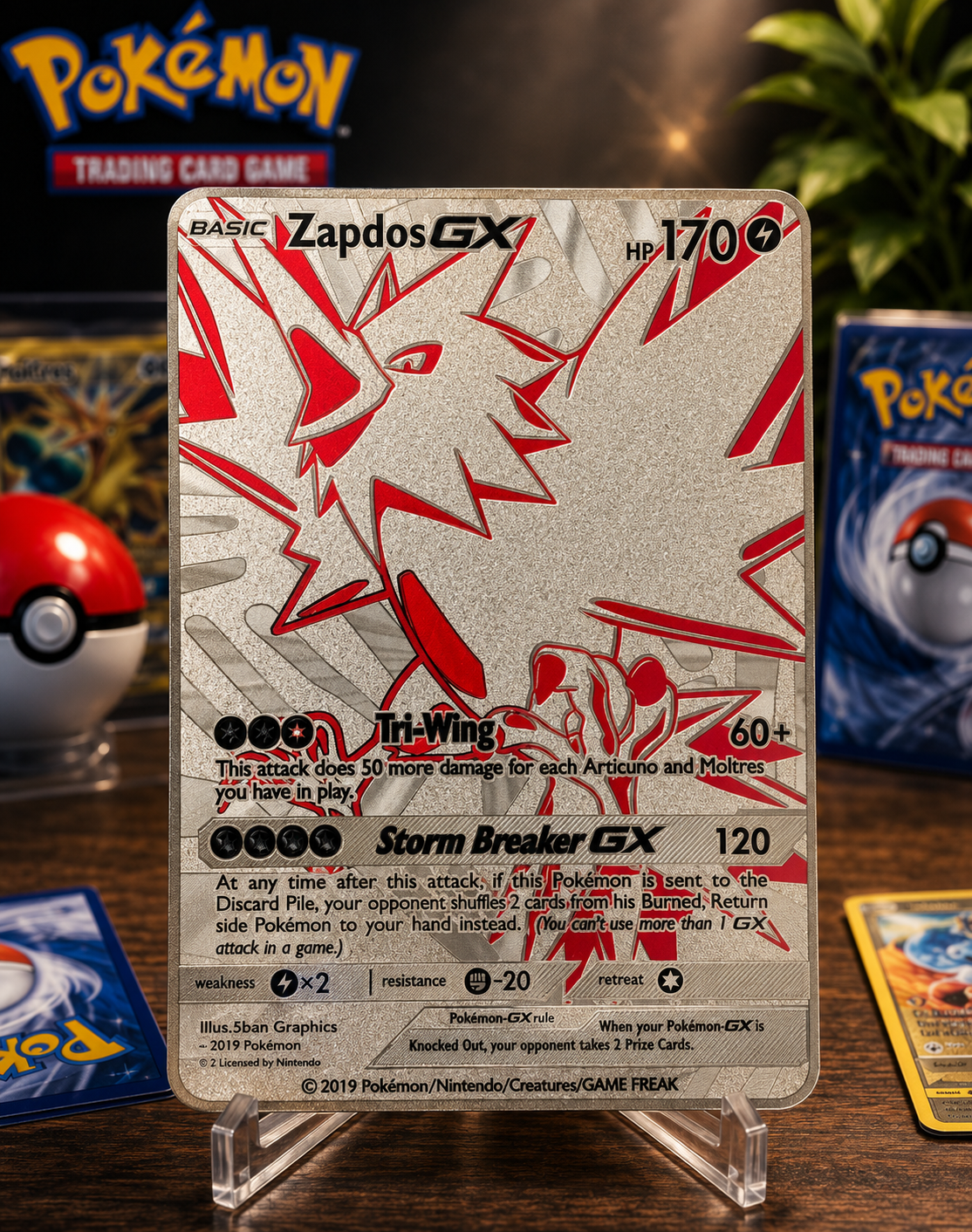 Zapdos GX Custom Premium Silver Metal Collector Card