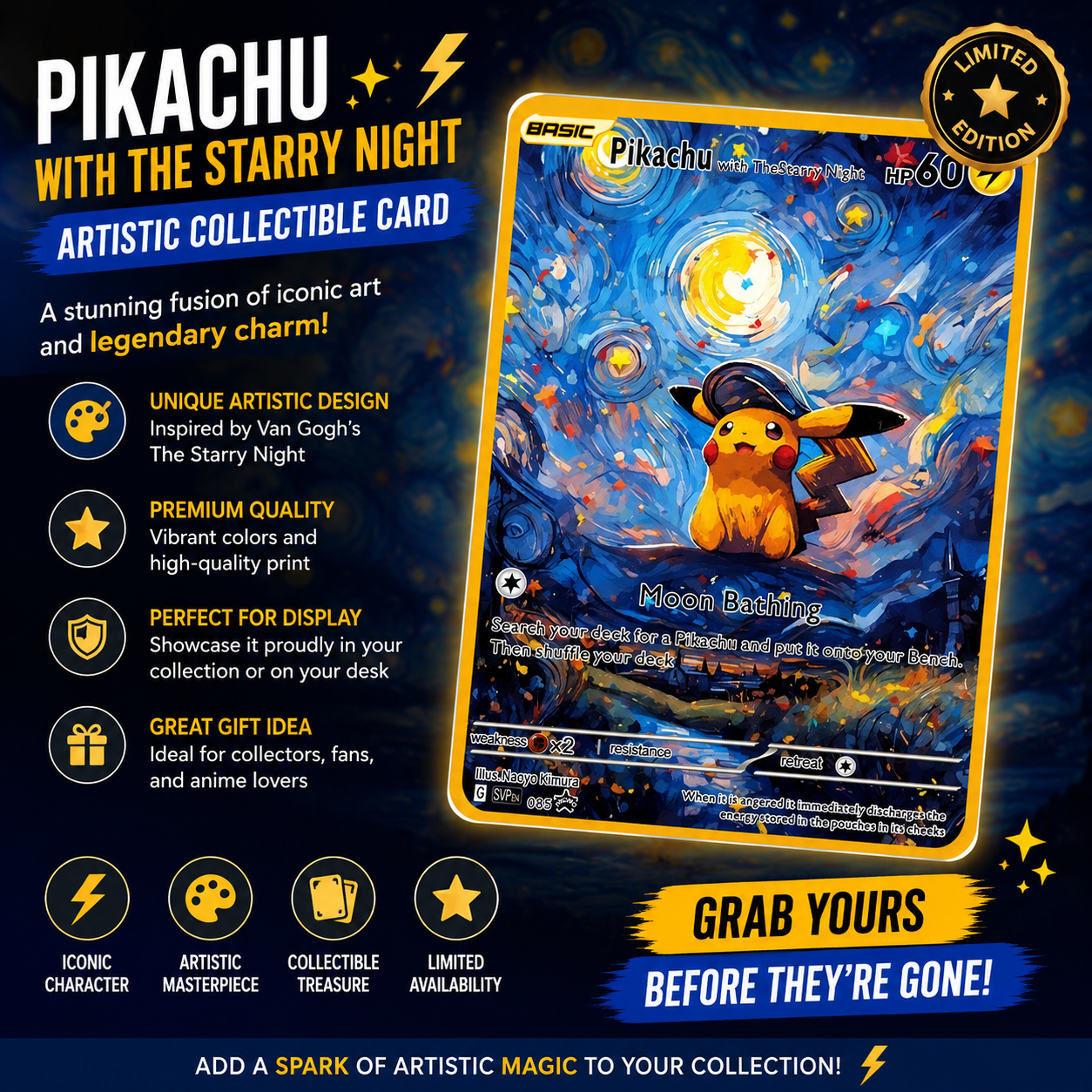 Starry Night Moonlight Metal Collector Card – Premium Gold Art Display